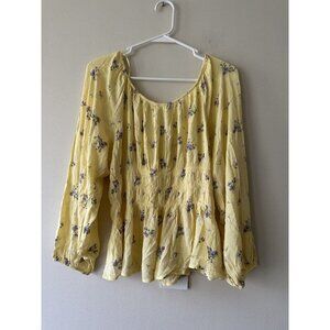 Pink Rose Women's Floral Print Yellow Blouse  Smocked Waist Size XL Elastic Cuff